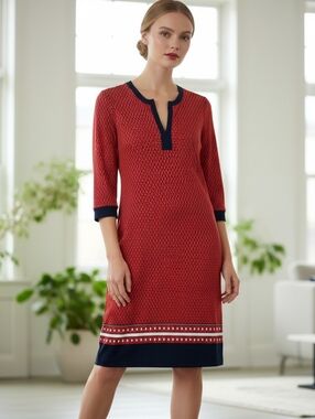 Banana Republic Red Geometric Shift Dress with Navy Trim